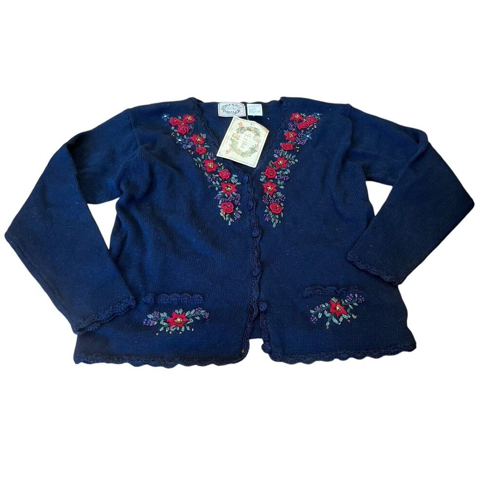 Erika Vintage Embroidered Cardigan Sweater Large NWT Roses 3-D Knots Navy